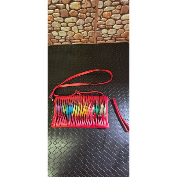 Mellow World Red with multicoloured detail, leather Clutch / Cross Body Bag - Picture 1 of 10